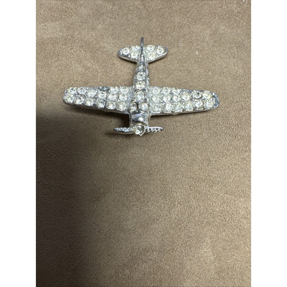 Vintage WW2 Airplane Brooch Pot Metal Rhinestoned Rhodium Plated EUC